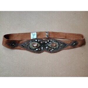 Medium 30" Goat Leather Rhinestone Beaded Brown Suede Belt Vintage